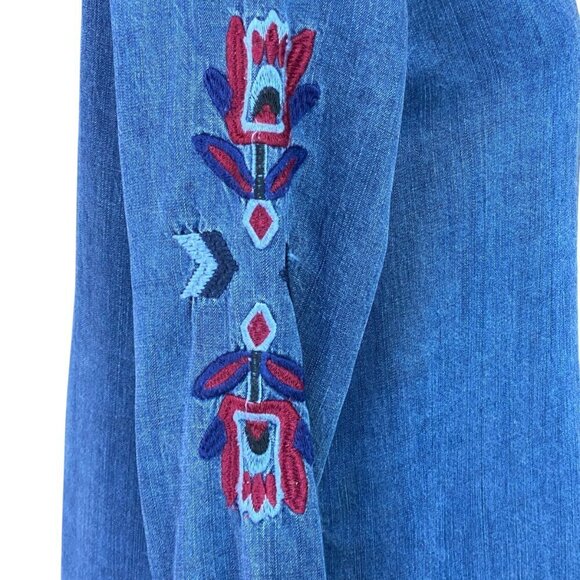 RAILS Chambray Blue Denim Shirt-Dress Raw Hem Embroidered Sz S #103W - Picture 7 of 13